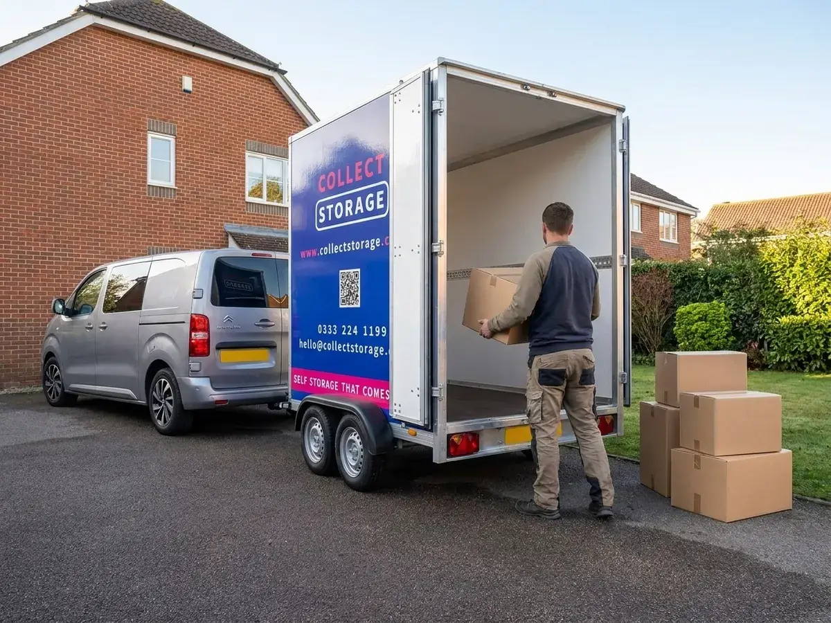 Boxes being loaded into a Collect Storage trailer on a Kent driveway