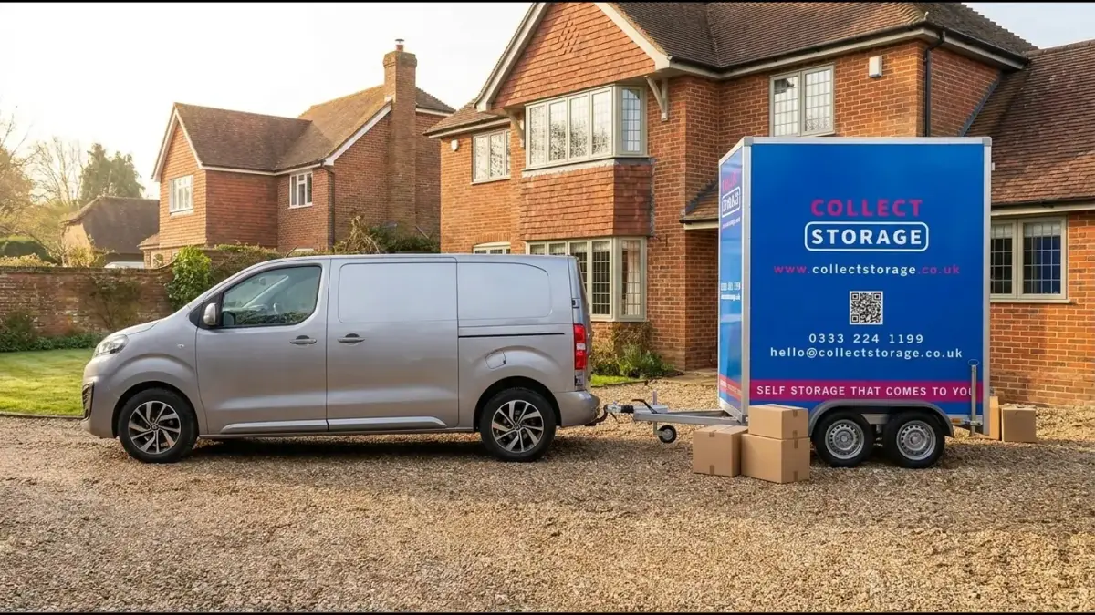 The Collect Storage van and trailer on the driveway of a Kent home, with boxes ready to load