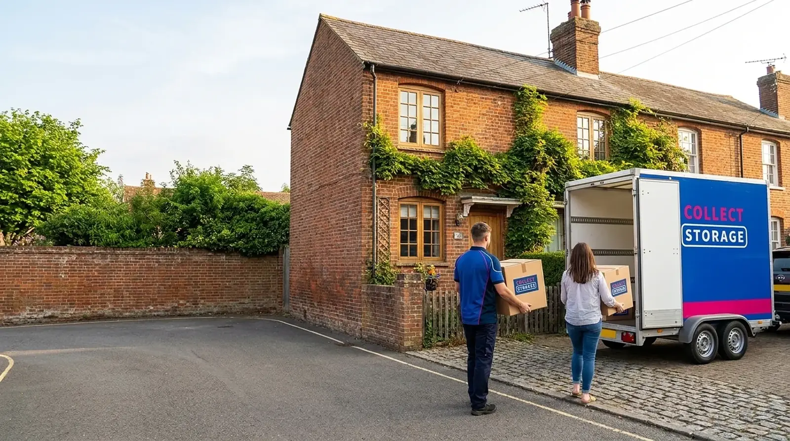 The Collect Storage team collecting boxes into a trailer outside a period Kent home