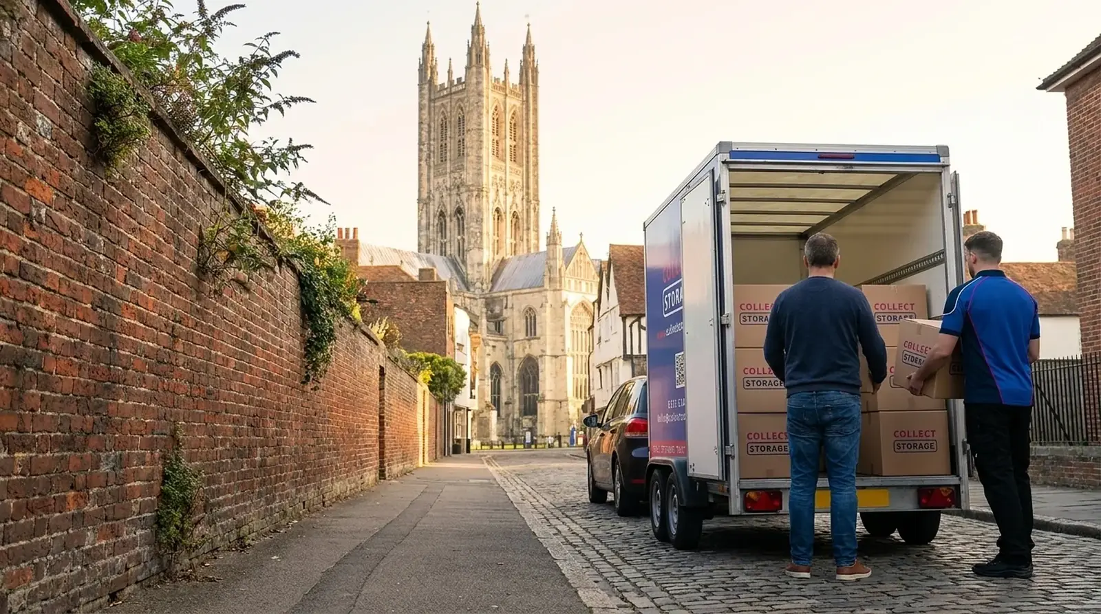A Collect Storage trailer on a Canterbury street with the cathedral behind