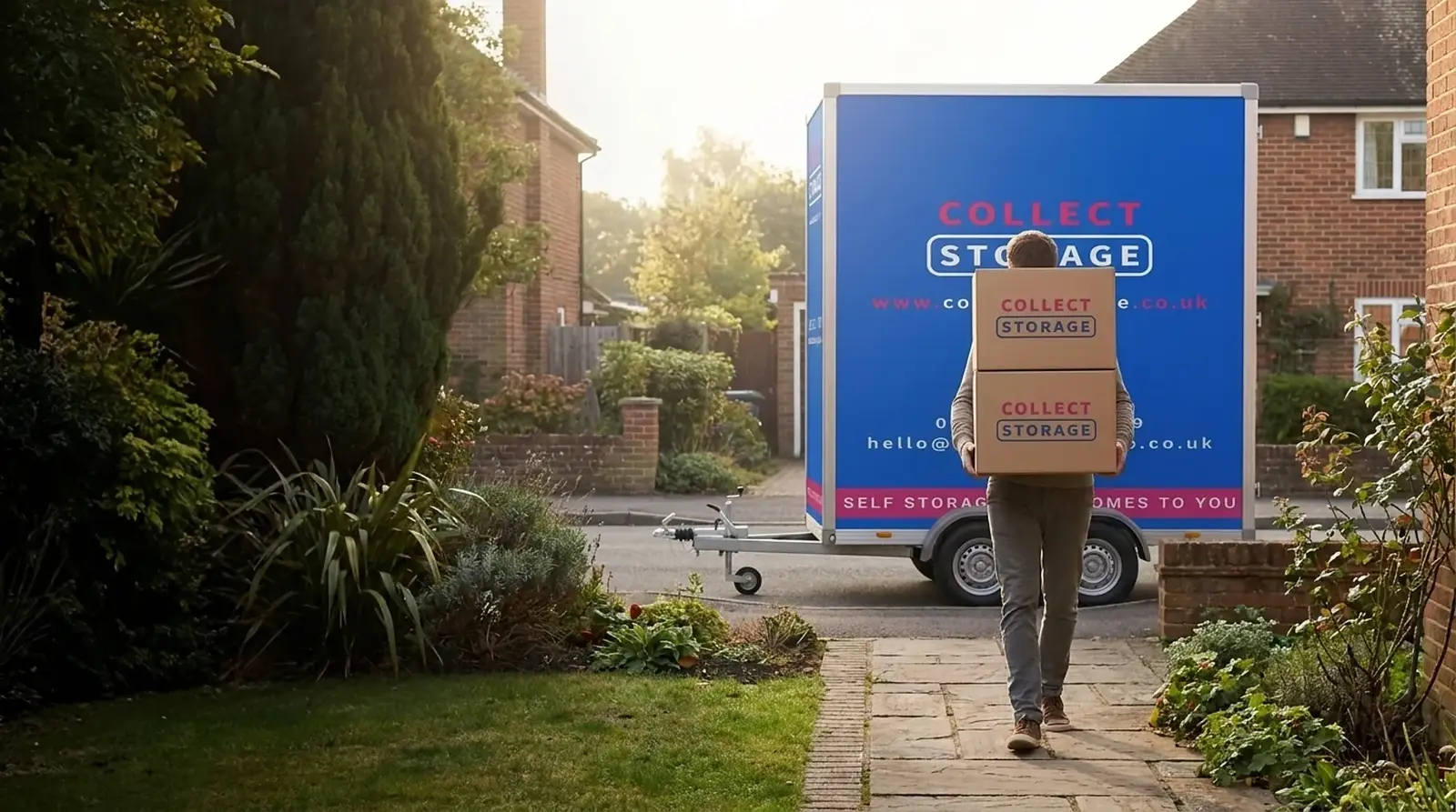 A customer carrying Collect Storage boxes to a Collect Storage trailer outside their Kent home