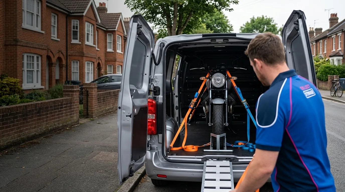 A motorcycle strapped upright inside a Collect Storage van