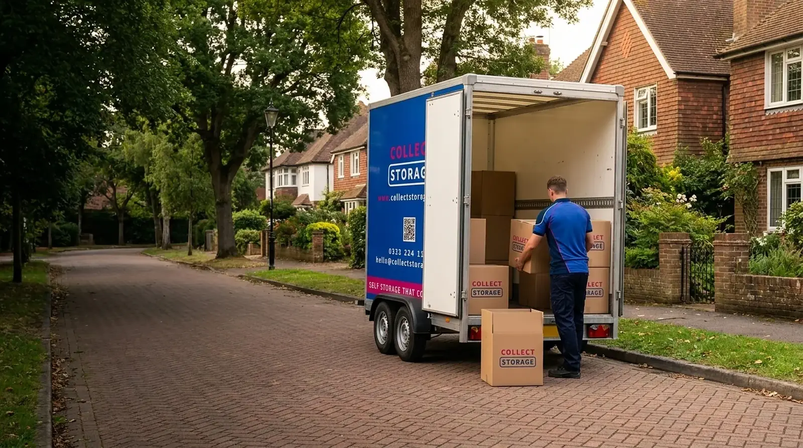 A Collect Storage trailer being loaded with branded storage boxes on a Kent street